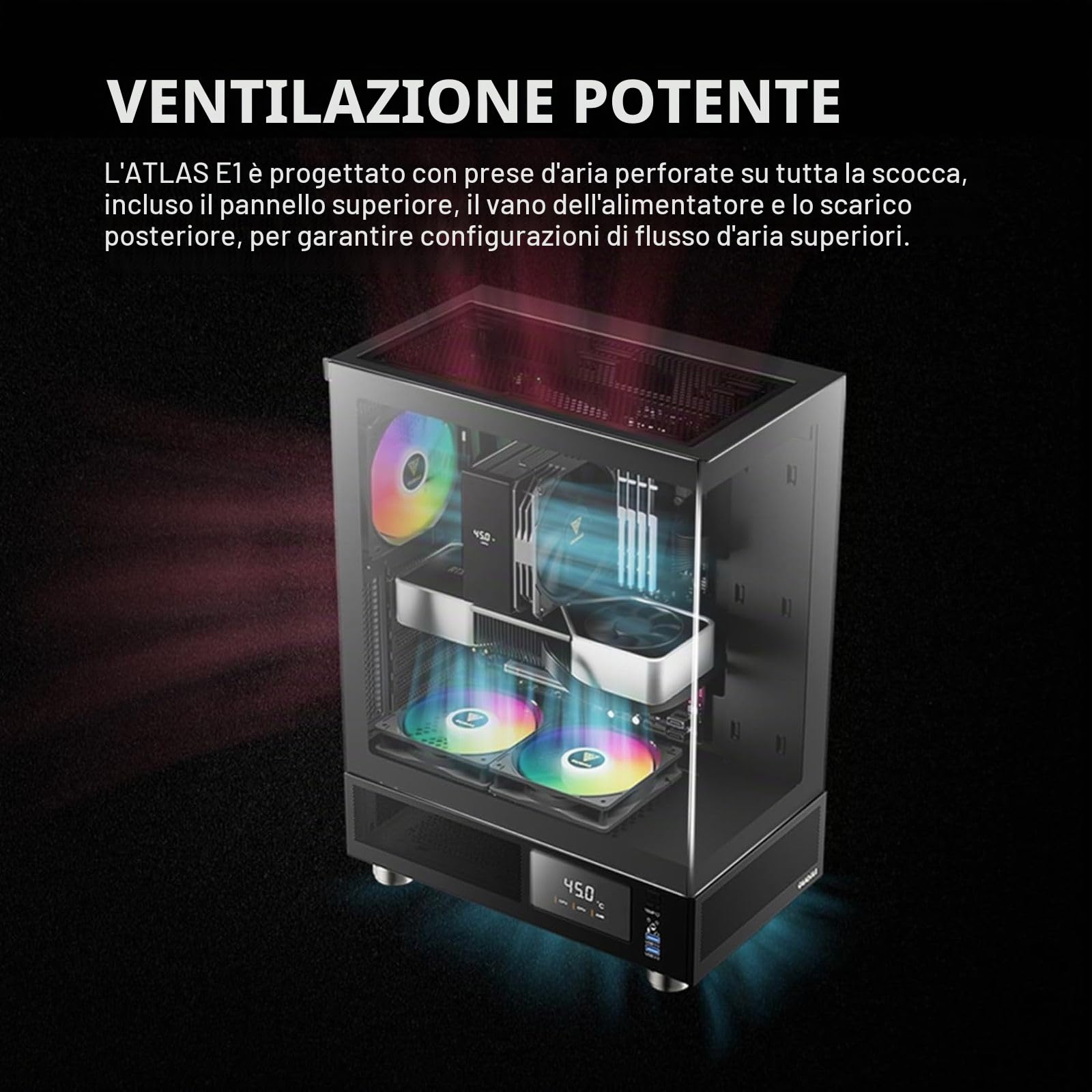 GAMDIAS ATLAS E1 ATX Mid Tower PC Case, monitor in tempo reale, 3 ventole ARGB da 120 mm, vetro temperato senza cuciture, prese d'aria laterali ad alto flusso d'aria, nero