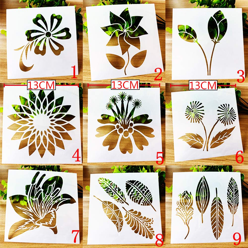BLUGUL Painting Stencils, Journal Stencils, Drawing Stencil Template, for Diary, Notebook, Album Decor, DIY Craft Drawing, Flower Plant Leaves, Nature C 9pcs