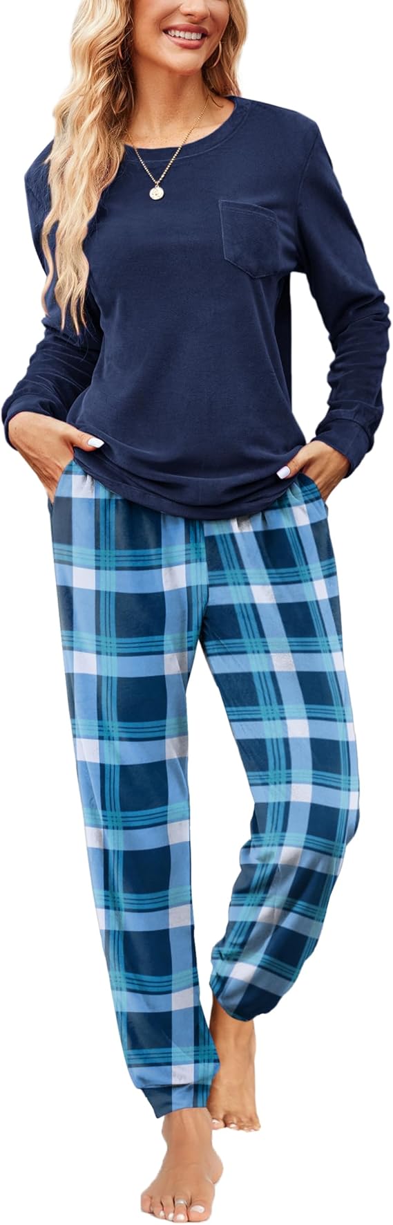 Ekouaer Womens Pajamas Sets Long Sleeve Soft Sleepwear 2 Piece Velvet Pjs Lounge Sets with Pockets
