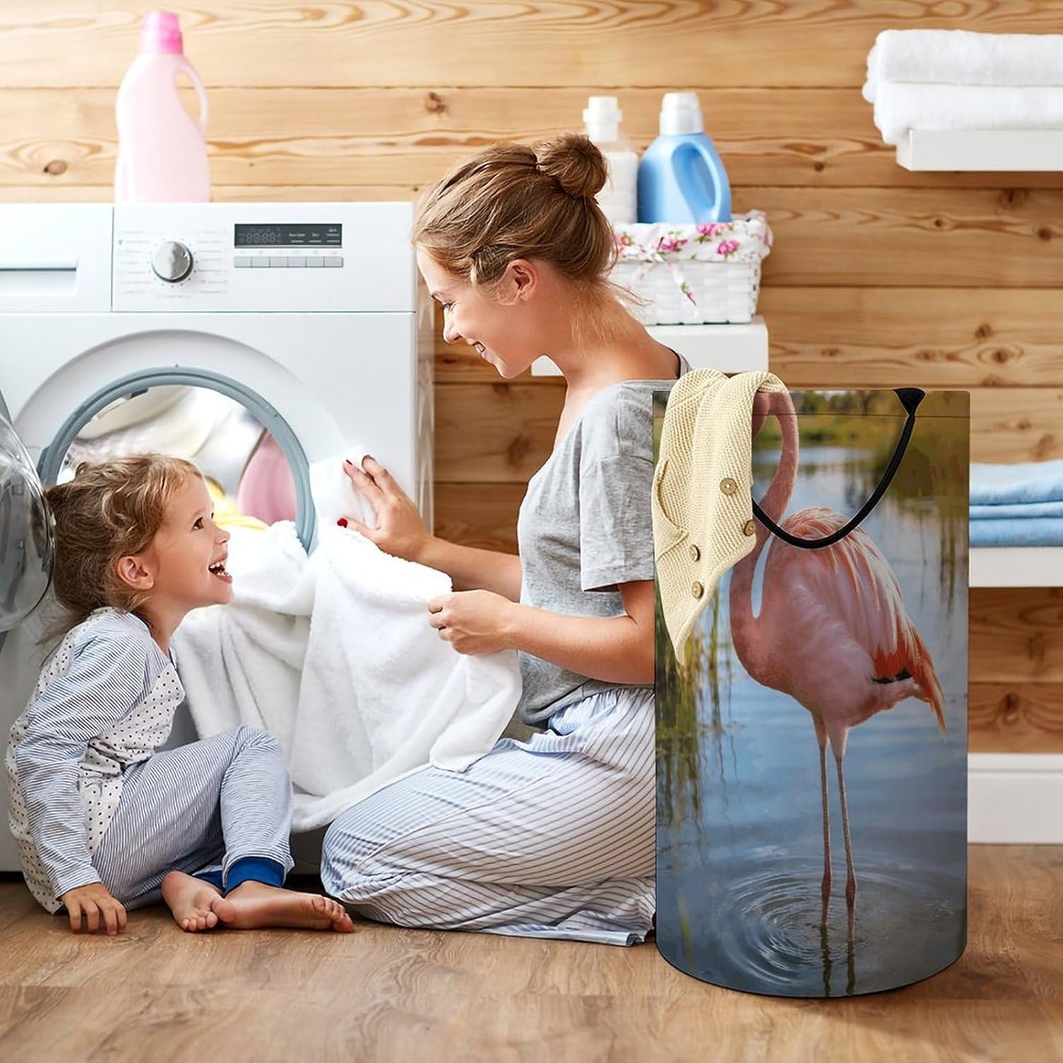 Elegant Flamingo With National Flag Laundry Hamper 86L Waterproof Collapsible Clothes Basket with Double Handles Freestanding Foldable Laundry Basket Large Clothes Hamper for Bathroom