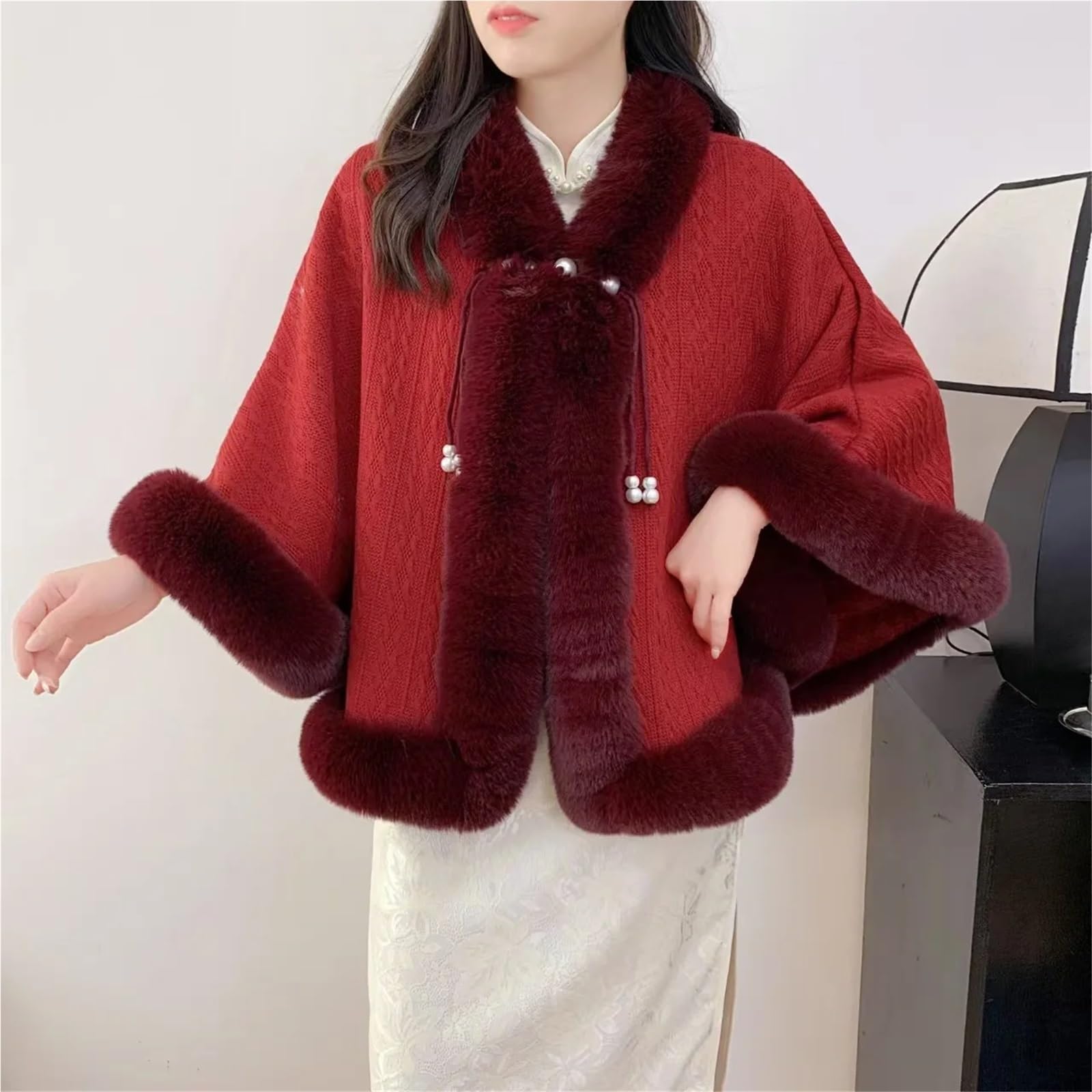 Poncho Donna Poncho Invernale Elegante e Morbido in Pelliccia Sintetica di Coniglio con Fodera Calda e Spessa, Mantello da Donna più Scialle in Velluto