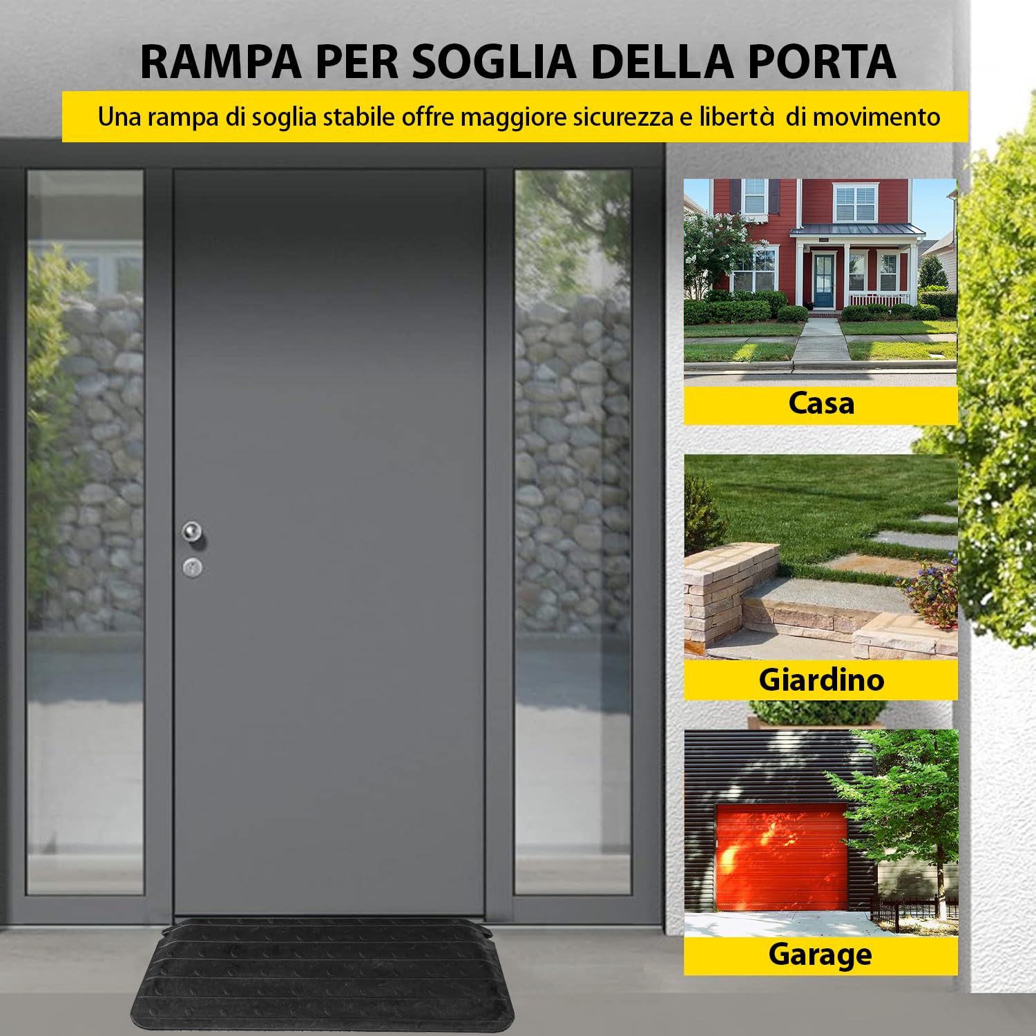 Rampa per marciapiede in gomma, nera, rampa in gomma, per sedia a rotelle, per soglia della porta, per auto, rampa in gomma (110 x 42 x 6 cm)