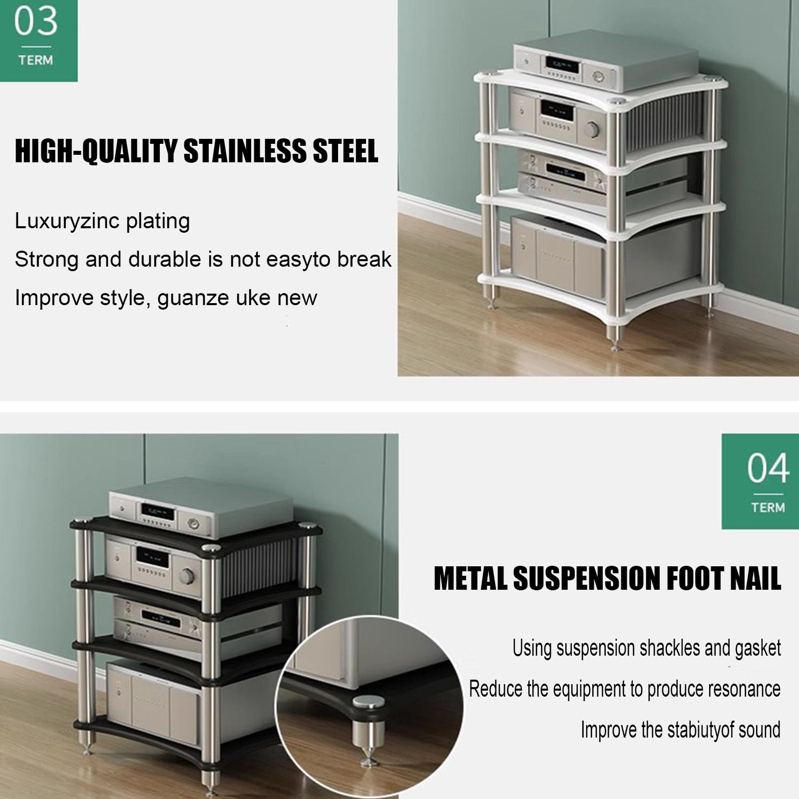 Stojak na sprzęt audio Hi-Fi – 4-poziomowy stojak ekspozycyjny na gramofon i amplituner stereo – otwarta półka na sprzęt do kina domowego i biura – 60 x 48 x 80 cm, najwyższa jakość (średnic