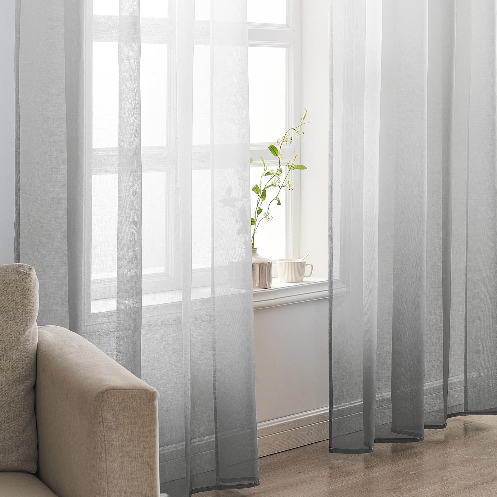 CUTEWIND 2 Panneaux Rideaux Voilages Blanc Beige Dégradé 140x137cm - Semi-Transparents Pour Salon Et Chambre