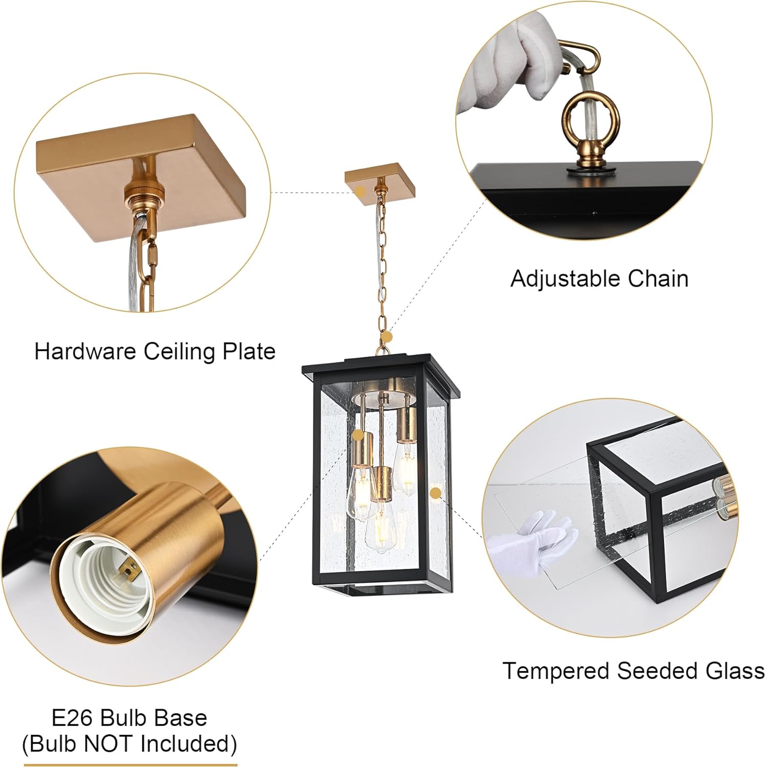 TODOLUZ 3-Lights Large Outdoor Pendant Light, Waterproof Exterior Height Adjustable Hanging Lighting with Seeded Glass Panel & E26 Bulb Base, Modern Porch Ceiling Lamp for Porch Patio Garden