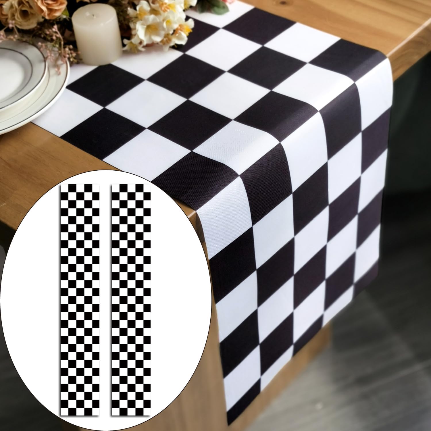 Letjolt 2PCS Black Checkerboard Table Runner Racing Theme 12x72 Inches image 2