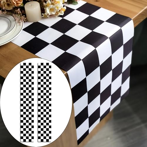 Miniatura 2 de Camino de mesa de poliéster con tema de carreras de tablero de ajedrez blanco y negro para aniversario, corredor, cena, fiestas, cumpleaños, boda,