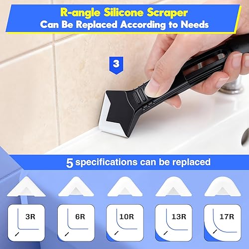 Miniatura 9 de Herramientas de calafateo de silicona 3 en 1, raspador de ángulo de pegamento de vidrio, removedor de calafateo de cabeza de acero inoxidable