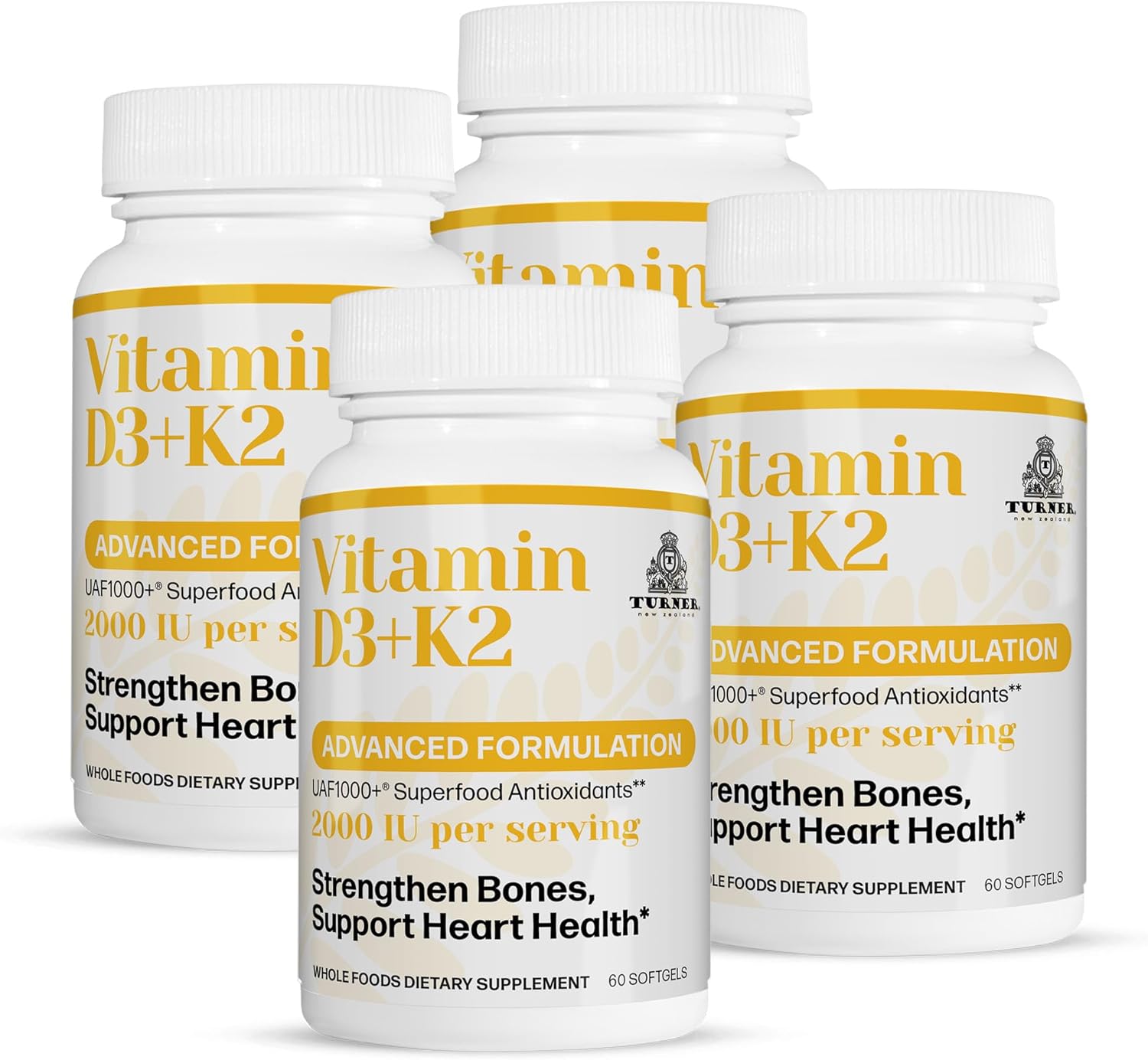 TURNER Vitamin D3 and K2 Caps, High Potency D3 2000IU and K2 (MK7) 80mcg, Unique VIT D3 from 100% New Zealand Sheep's Wool Lanolin. Cardiovascular Support & Bone Health, 240 Softgels 4 Month Supply