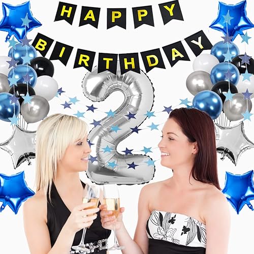 Miniatura 7 de Decoraciones de cumpleaños número 15: suministros de fiesta azul y negro con globo plateado del número 15 y pancarta de feliz cumpleaños