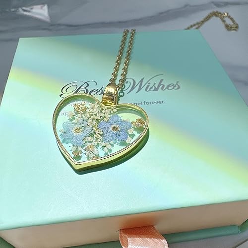 Miniatura 6 de Heart Necklace - Handmade Pressed Flower Necklace,Forget Me Not And Queen Anne'S Lace Pressed Wildflower,Forget-Me-Not Flowers Symbolize True Love