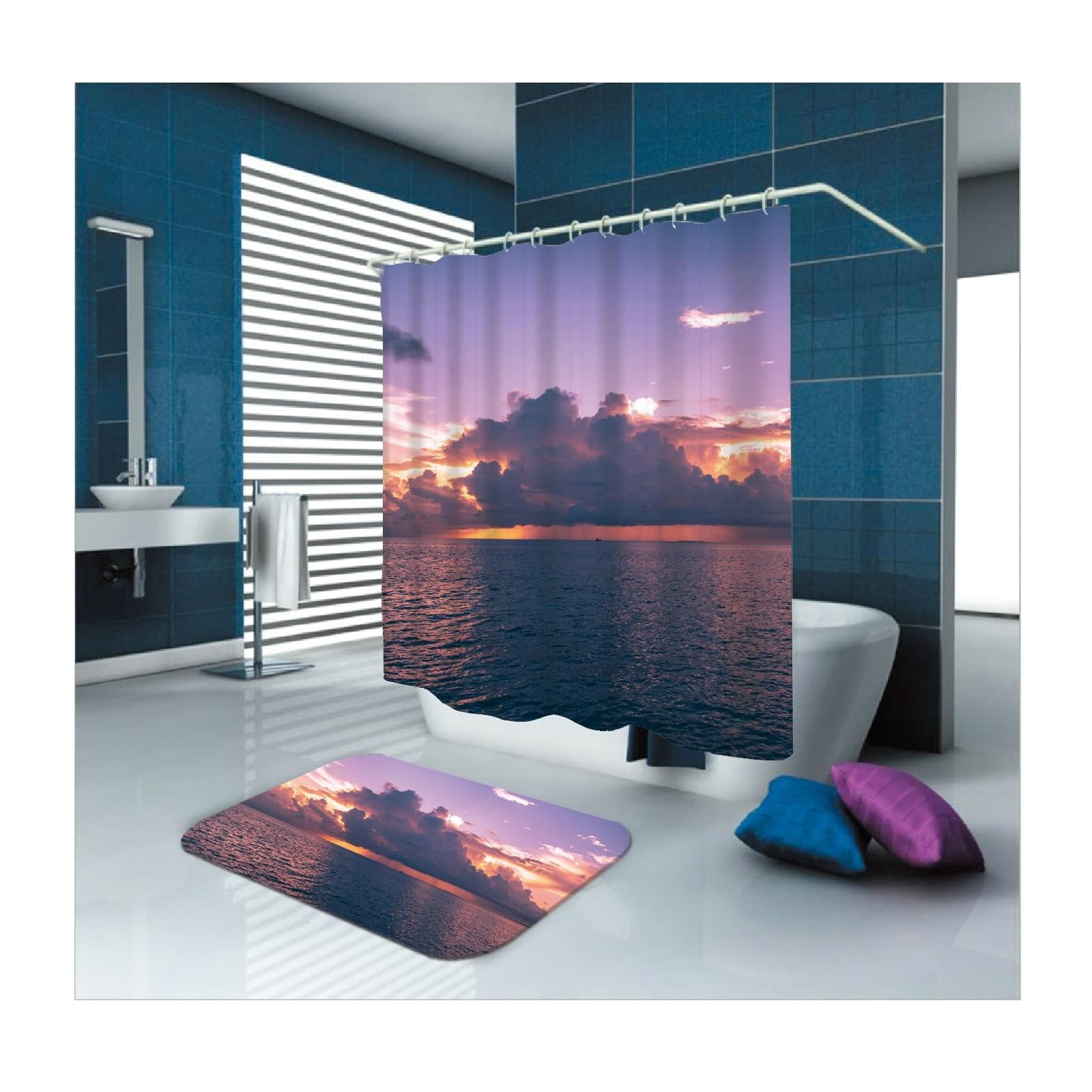 Rideau de douche multicolore motif nuages océan pour créer un espace bien-être à la maison