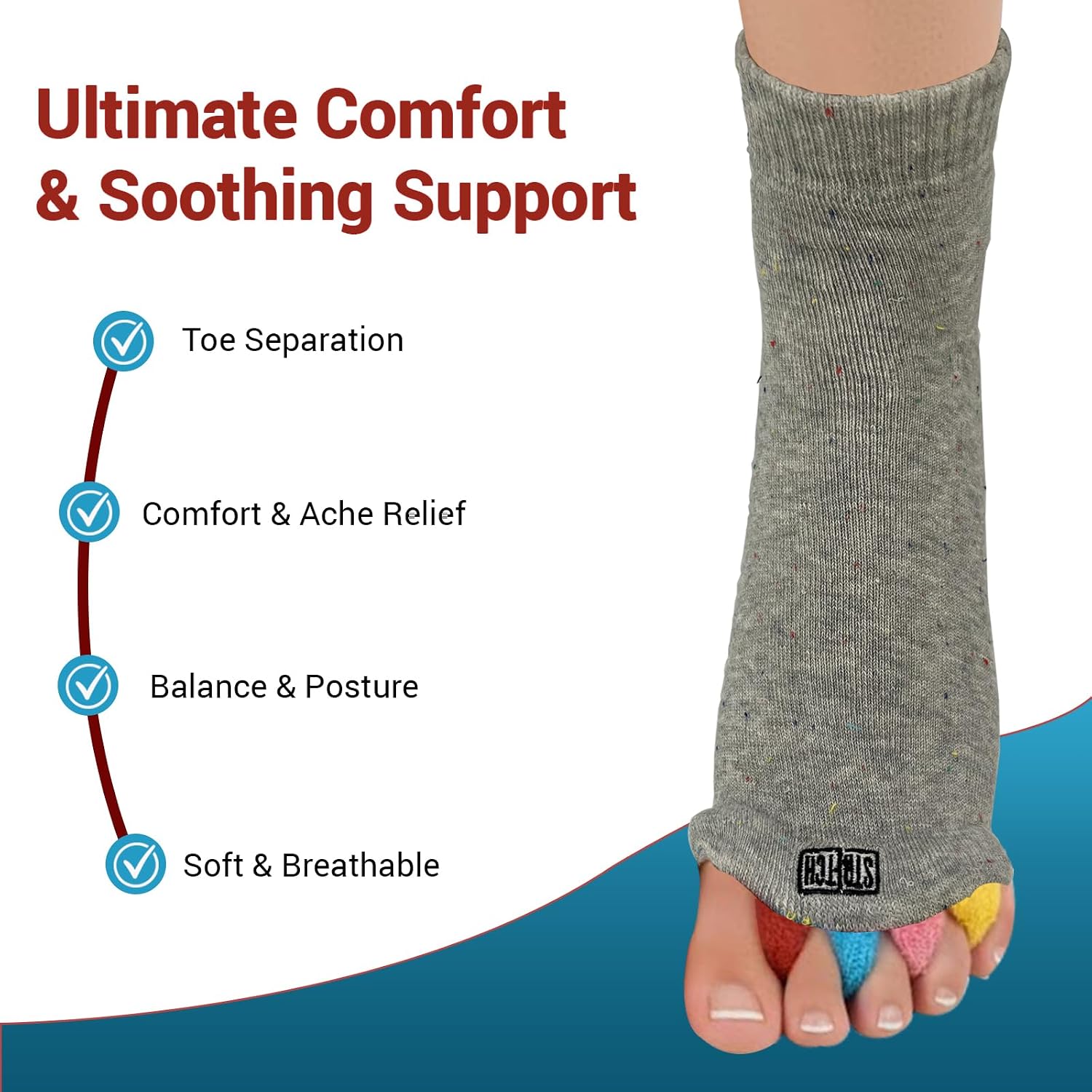 Toe Separator Socks by Stretch; Foot Realignment and Relief from Bunion Pain and Foot Issues - One Size Fits Most