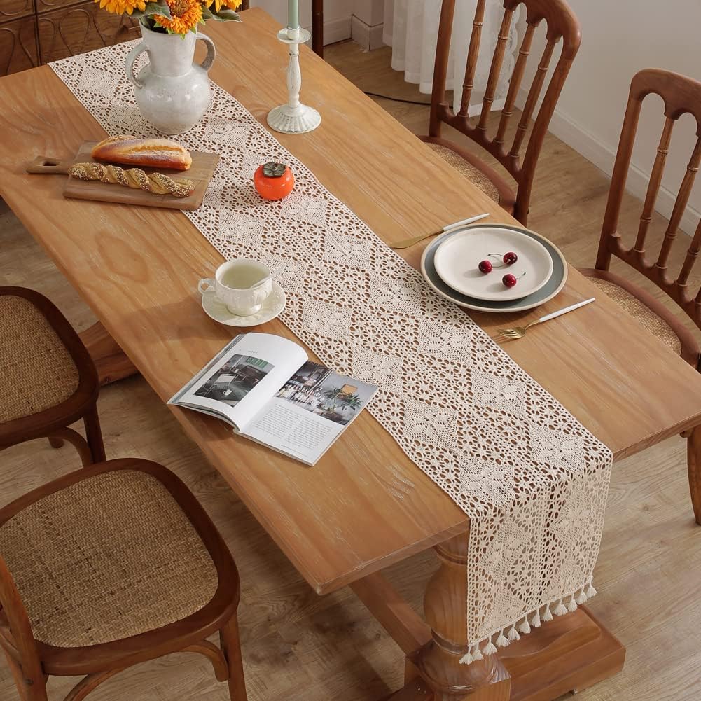 meioro Crochet Lace Table Runner, 12x86 Inch Boho Cotton Table Runners with Tassels, Rustic Farmhouse Table Decoration 86 Inches Long, Mesh Woven Table Decor for Wedding Bridal Shower Party image 2