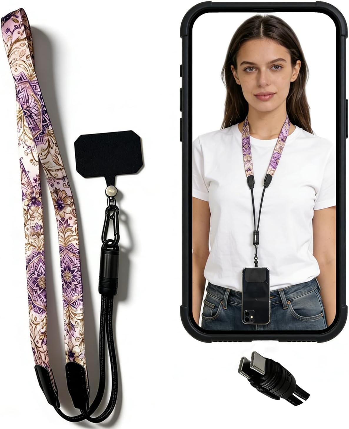 PassZone Phone Lanyard Charging Cable with Built-in USB-C to USB-C,Phone Neck Lanyard Type C for Travel, Anti Theft Cellphone Wide Strap for iPhone/Samsung/Android