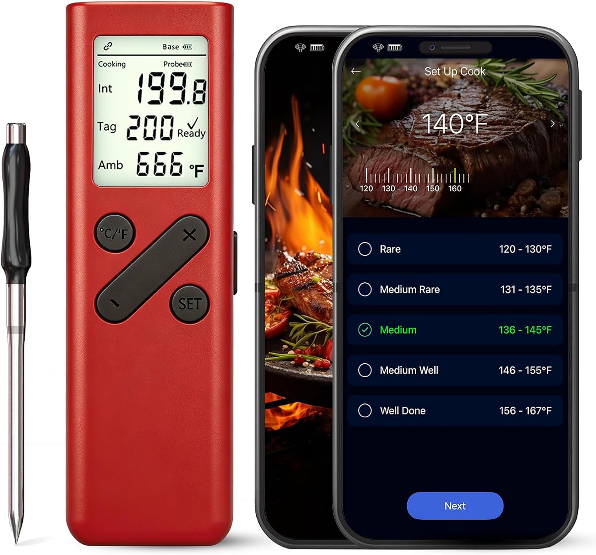 Termómetro inalámbrico para carne con base de visualización | Conectado a aplicación, pantalla LCD, barbacoa y parrilla, °C/°F conmutable, sonda incluida