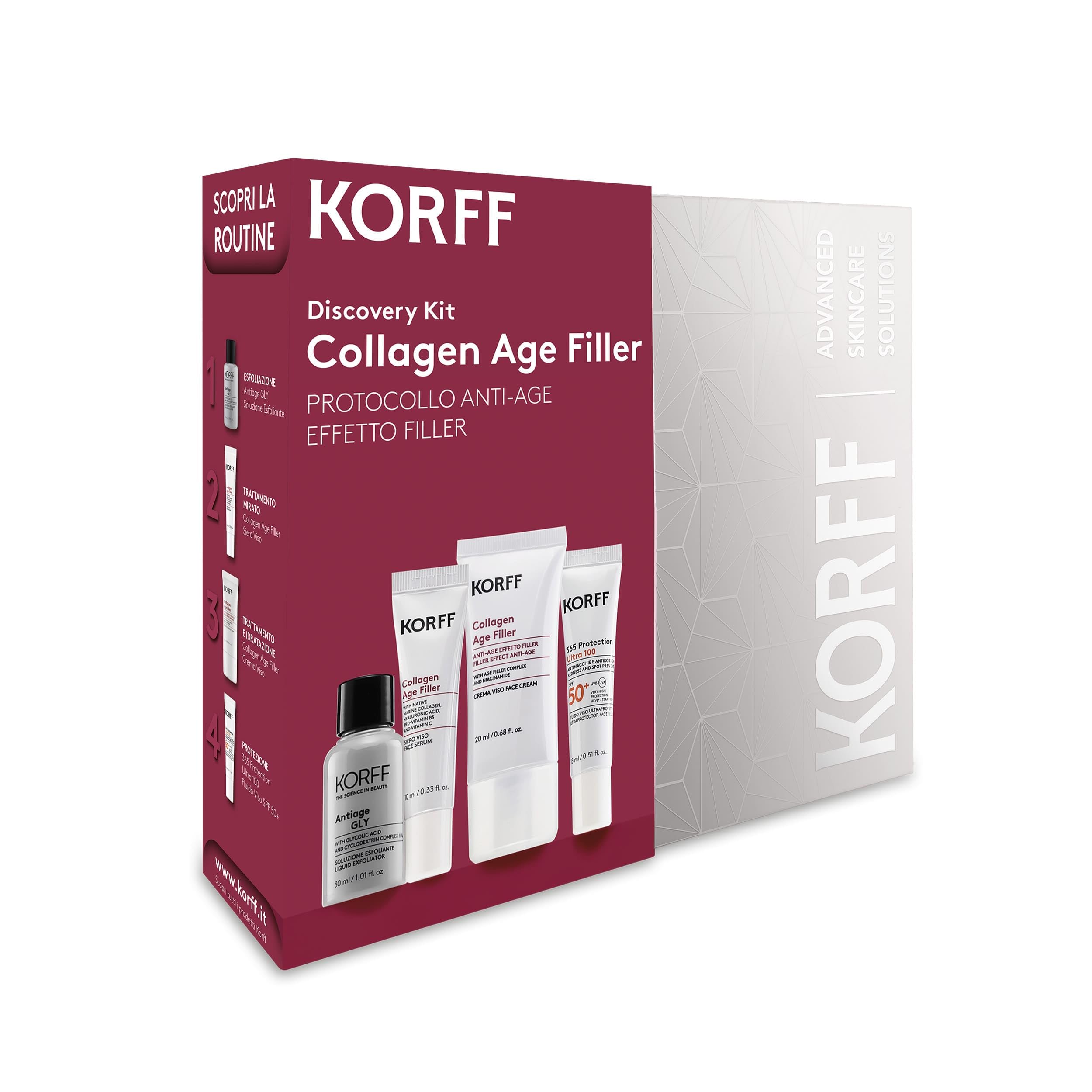 Korff Discovery Kit Collagen Age Filler, Siero Viso 10ml e Crema 20ml, Anti-età Levigante e Rimpolpante con Collagene Marino, Acido Ialuronico, Niacinamide
