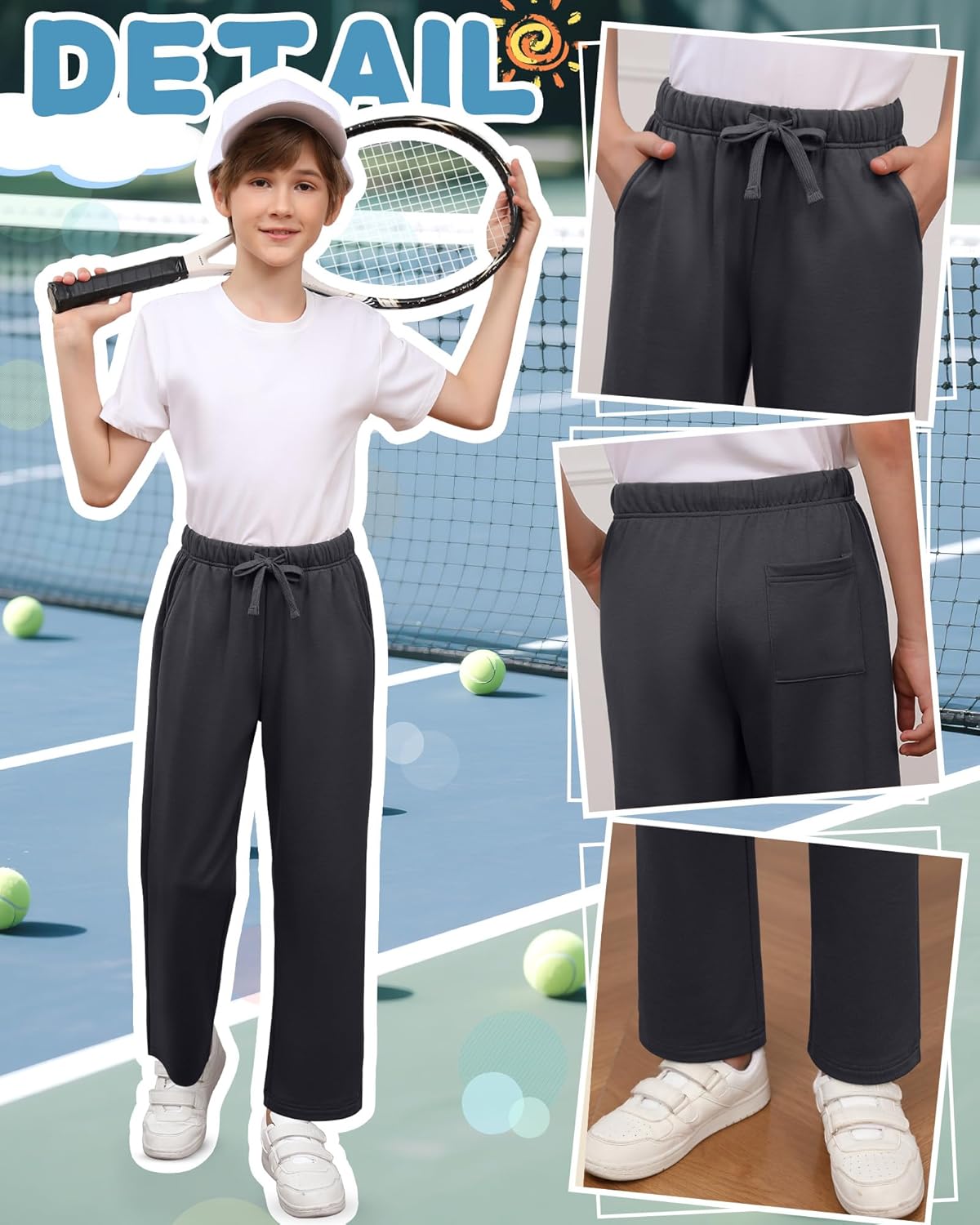 3 Pack Boys Sweatpants Straight Leg Athletic Open Bottom Joggers Workout Elastic Drawstring Kid Pants with Pockets - Image 4