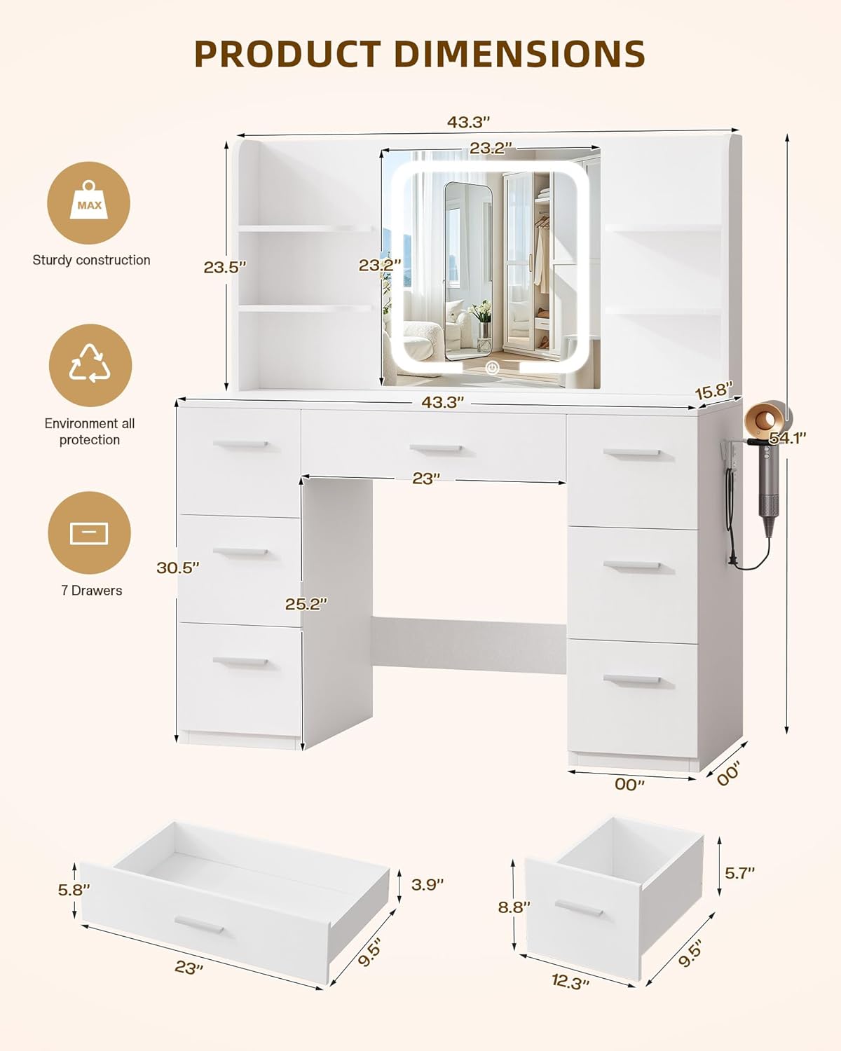 White Large Makeup Vanity Desk with Smart LED Mirror & Power Station, 43" Professional Dressing Table with 7 Drawers, 4 Open Shelves & Hairdryer Holder for Bedroom