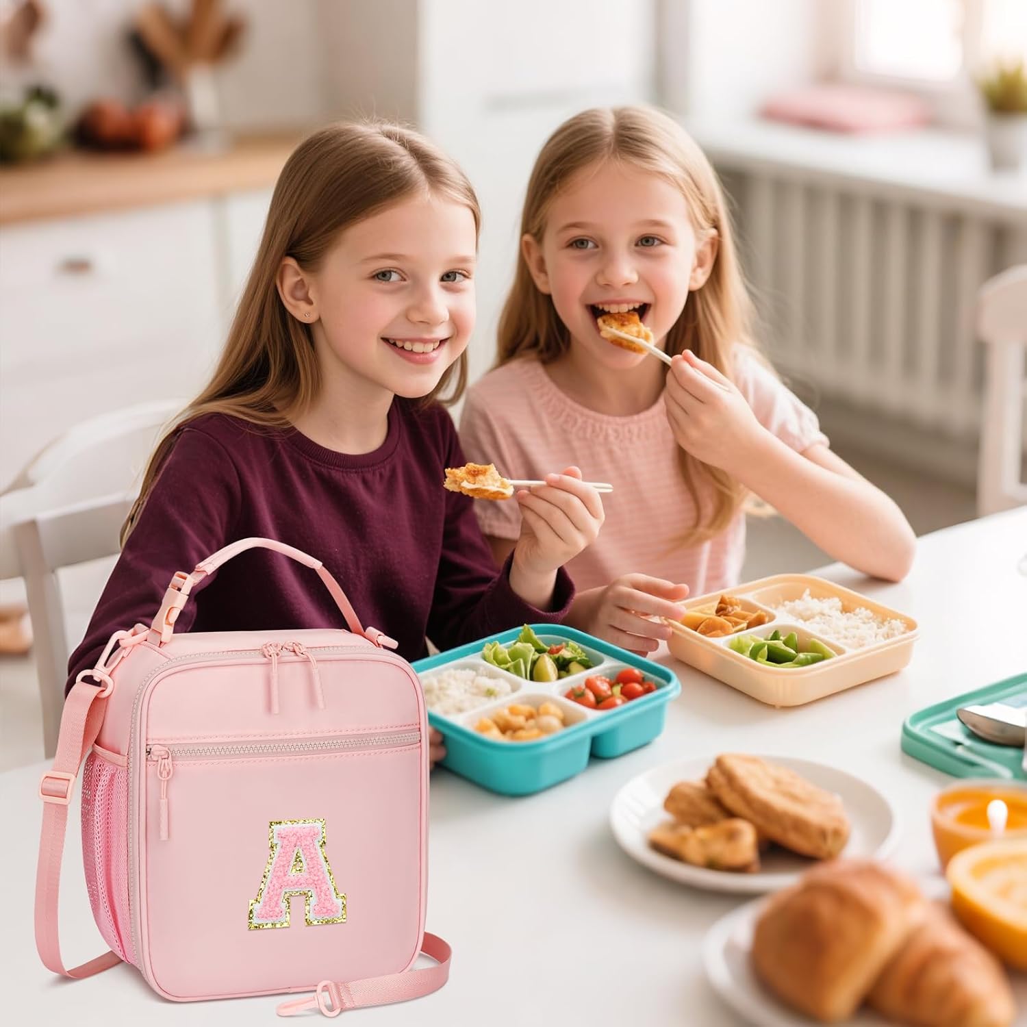 Initial Insulated Lunch Bag for Girls Kids, Back to School Gift, Reusable Leak-proof Lunch Box with Adjustable Strap for School Daycare Travel Picnic (Pink,A) - Image 2