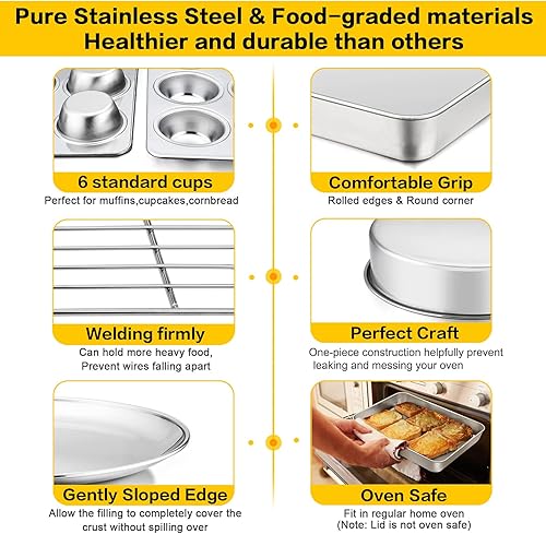 Miniatura 4 de P&P CHEF - Juego de 9 moldes de acero inoxidable para hornear, molde redondo y cuadrado, molde para horno tostador, lasaña, molde para pan, bandeja