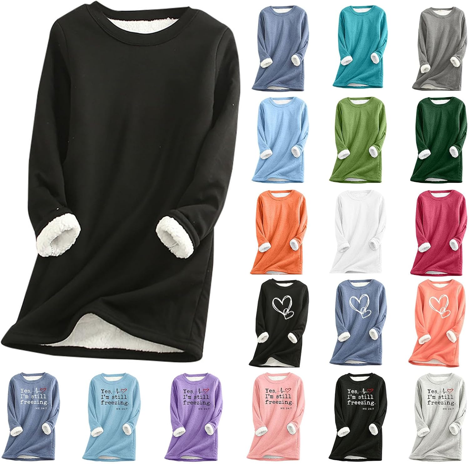 YRAETENM Fleece Sweatshirts for Women Winter Warm Sherpa Lined Crewneck Pullover Loungewear Soft Comfy Long Sleeve Tunic Tops