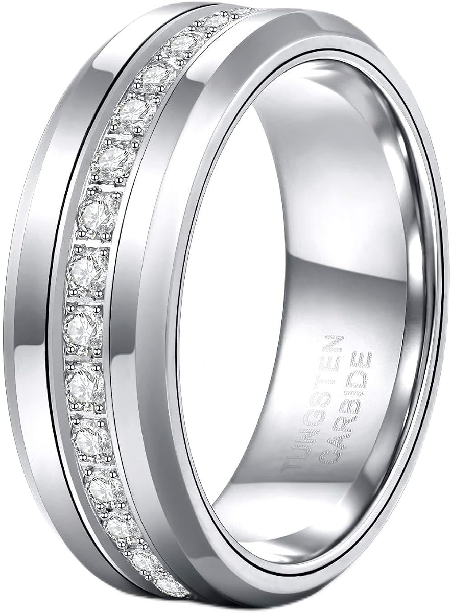 6mm 8mm Mens Tungsten Wedding Bands with Cubic Zirconia Rings