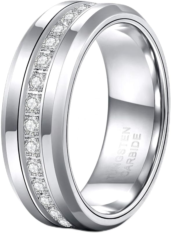 TRUMIUM Alianzas de boda de tungsteno para hombre de 6 mm y 8 mm con anillos de circonita cúbica | Incrustaciones de circonita cúbica, chapado en plata negra, chapado en oro de 24 quilates, anillo de carburo de tungsteno, alto pulido, compromiso de eternidad llamativo, tamaño 7-13