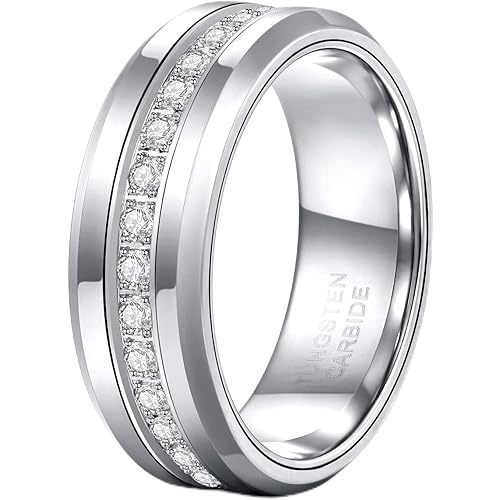 TRUMIUM 6mm 8mm Mens Tungsten Wedding Bands with Cubic Zirconia Eternity Ring CZ Inlaid Black Silver Plated 24K Gold Plated Tungsten Carbied Rings High Polish Size 7-13