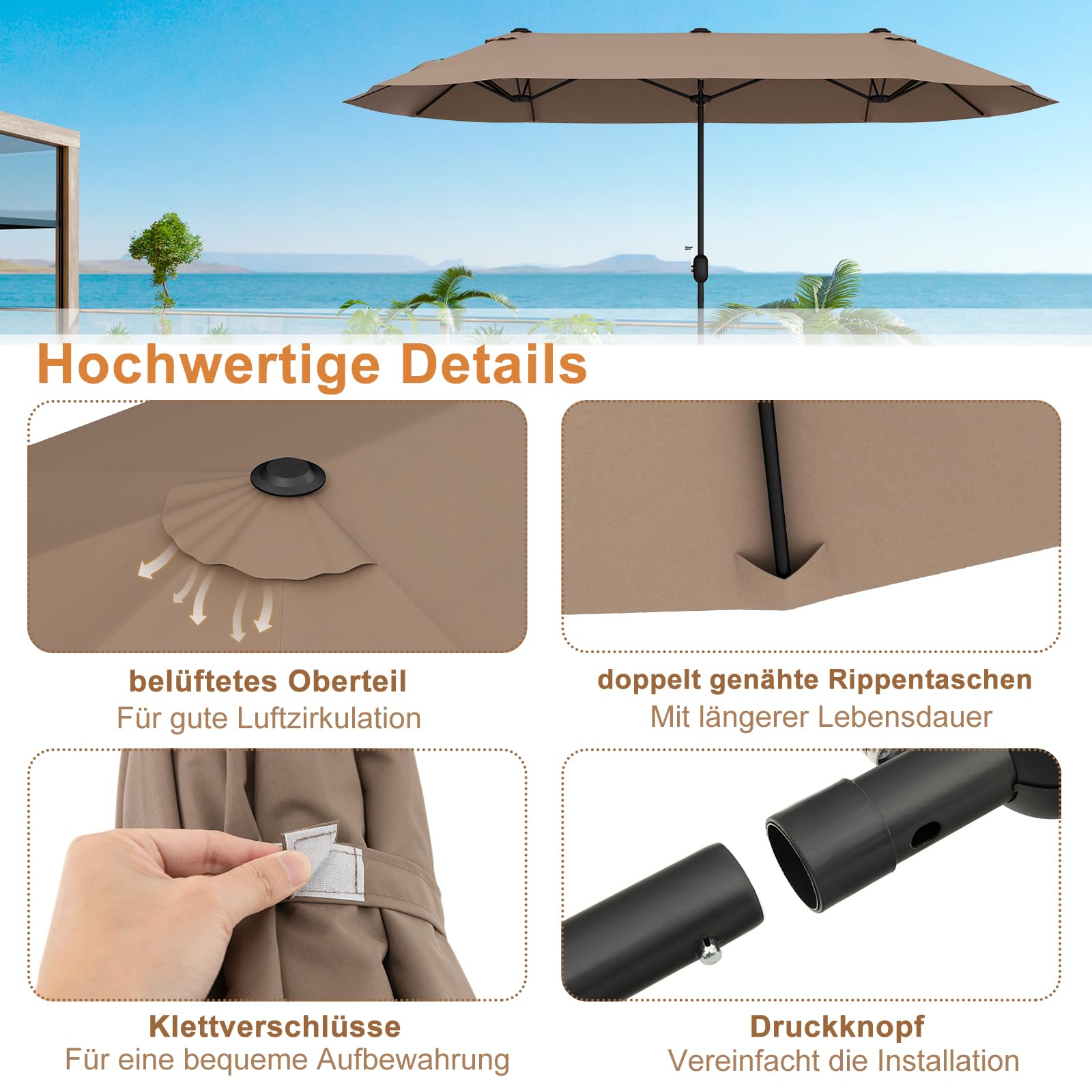 GOPLUS Doppelsonnenschirm mit Ständer, 400 x 200 cm XXL Sonnenschirm, Terrassenschirm mit Kurbel, UPF 30+, Balkonschirm groß, Gartenschirm, Marktschirm Oval für Garten, Terrasse & Pool, Braun