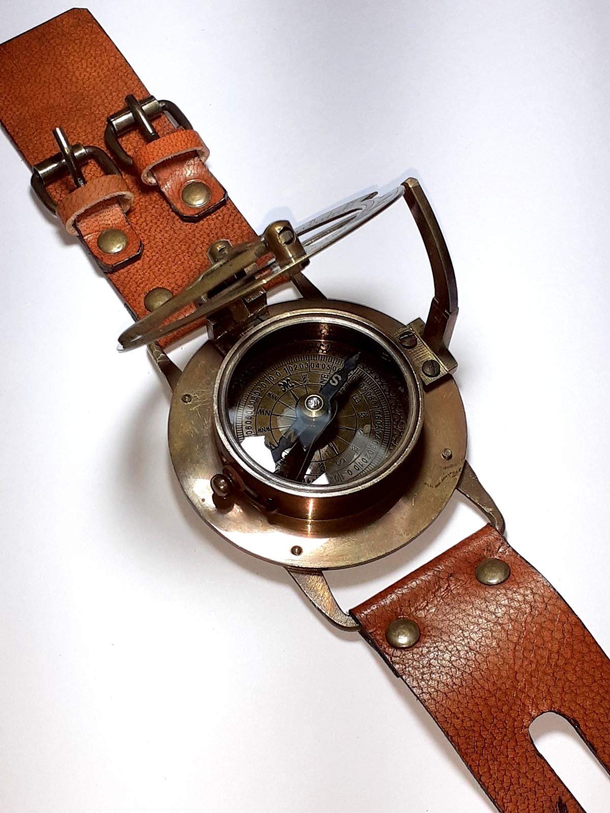 Boussole Solaire En Laiton Avec Bracelet Cuir, Reproduction WWII, Fabrication Inde