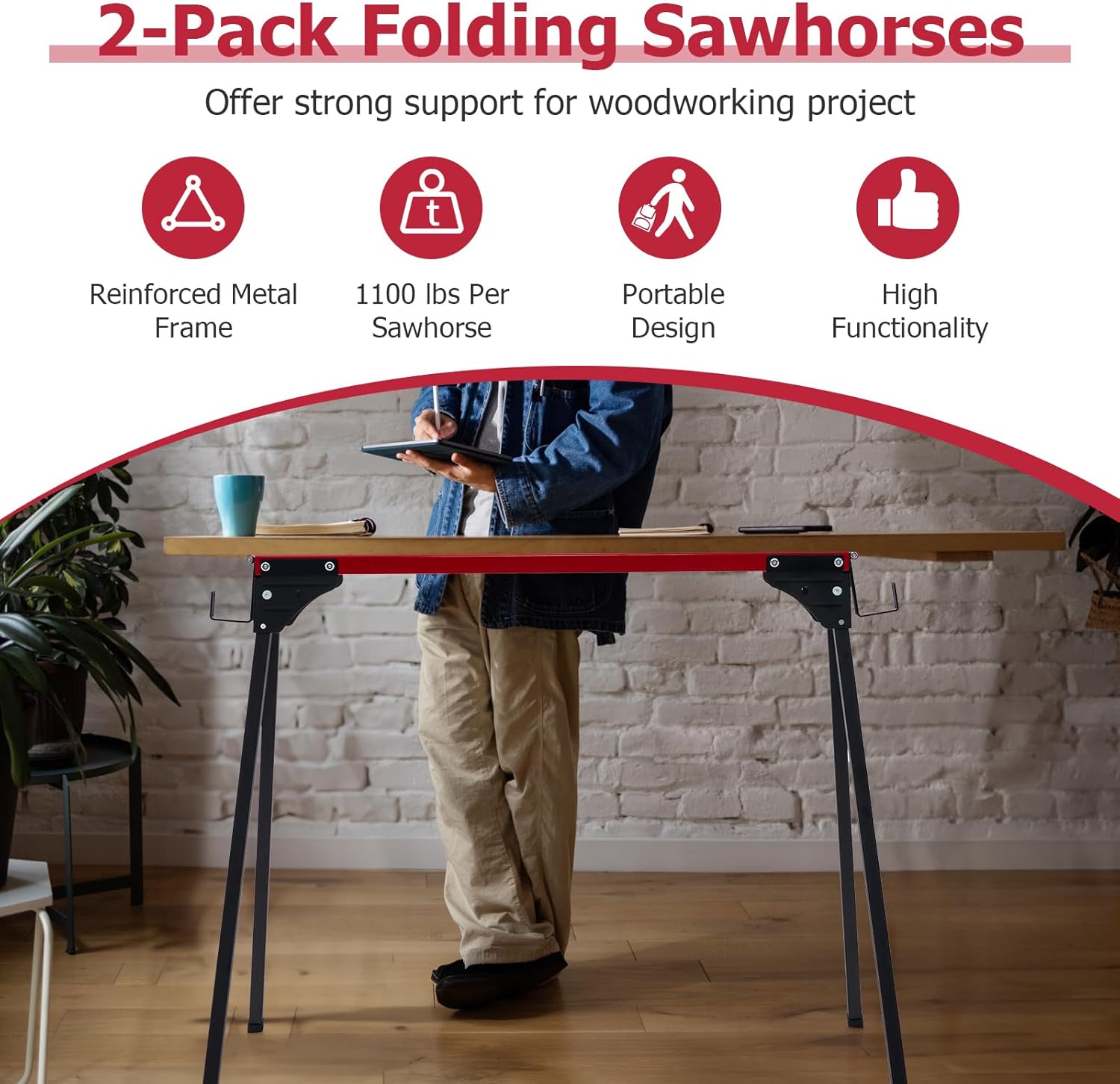 Nightcore Folding Sawhorses Pack of 2, Metal Sawhorses with Load Capacity up to 2200lbs, Portable Saw Bench with 2 x 4 Support Arms, 8.5lbs Lightweight Ideal for Woodworking, Carpenters, Contractors