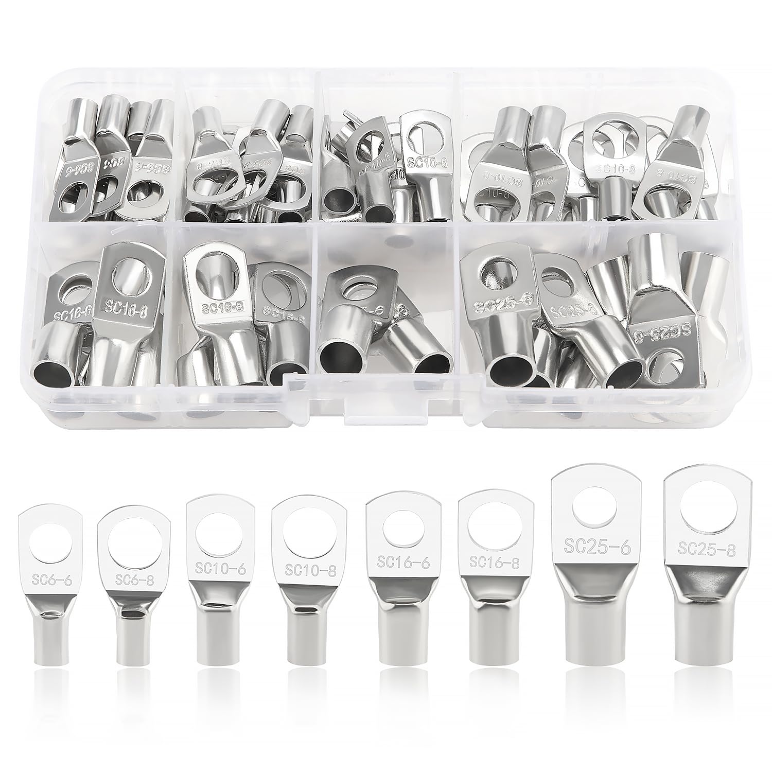 YIXISI 60 PCS M6/M8 Copper Tube Terminals Kit, Battery Cable Ends Terminals, for Electric, Auto, Silver