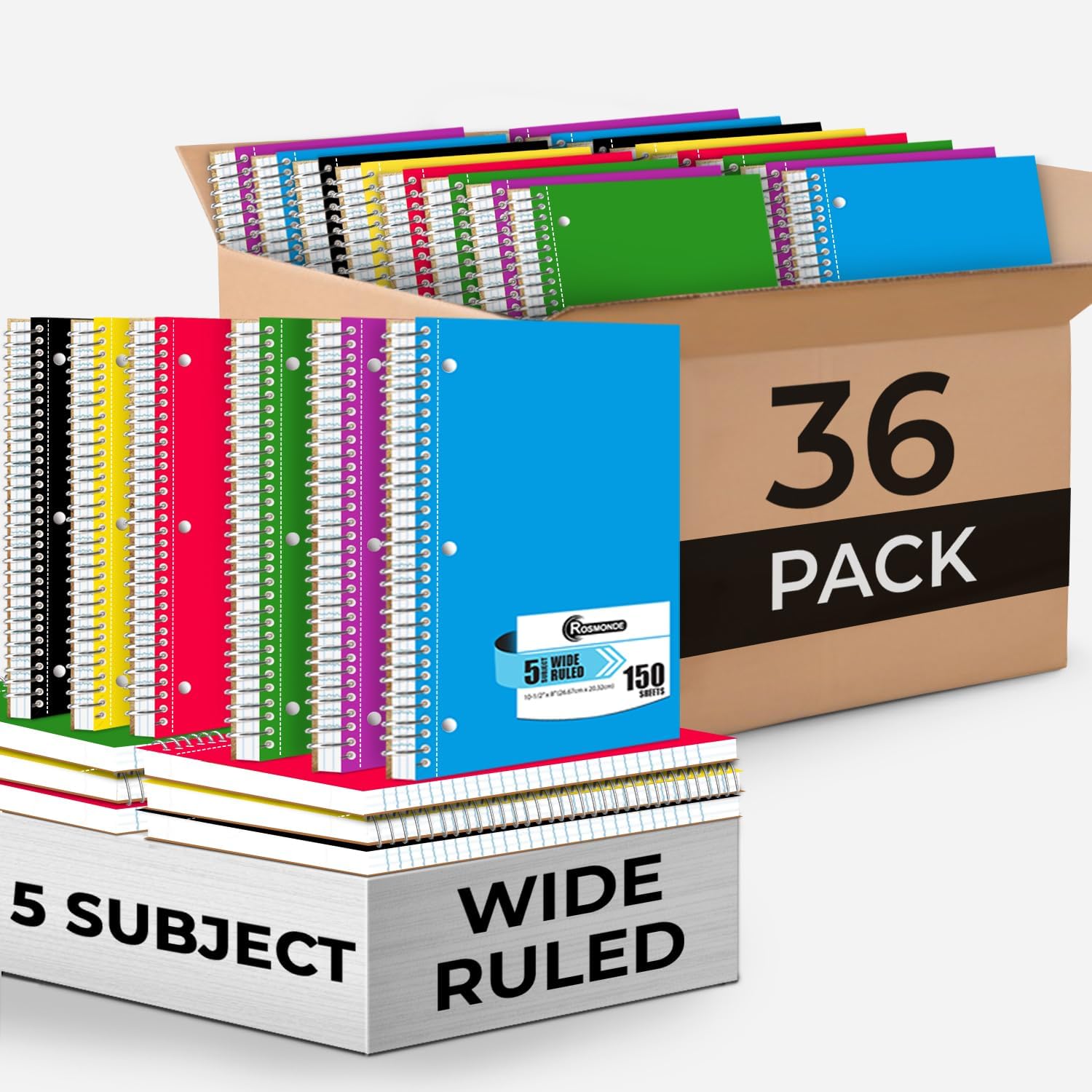 Rosmonde 36 Pack Spiral Notebook, 5 Subject, Wide Ruled, 300 Pages/Book (150 Sheets), 8 x 10-1/2″, Bulk School & Office Spiral Notebooks, Sturdy Spiral Journal Notebook, Soft Cover, Assorted Colors Rosmonde 36 Pack Spiral Notebook, 5 Subject, Wide Ruled, 300 Pages/Book (150 Sheets), 8 x 10-1/2″, Bulk School & Office Spiral Notebooks, Sturdy Spiral Journal Notebook, Soft Cover, Assorted Colors