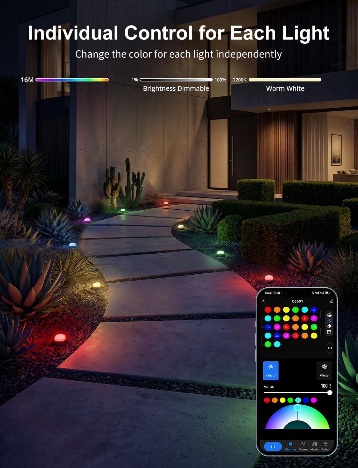 APPECK Smart Outdoor Ground Lights 15 Pack, 32FT RGBW Color Changing Pathway Lights Wired, IP65 Waterproof Landscape Lighting, for Path Yard Lawn Patio Holiday Party Decor, with App & Alexa Control - Image 3