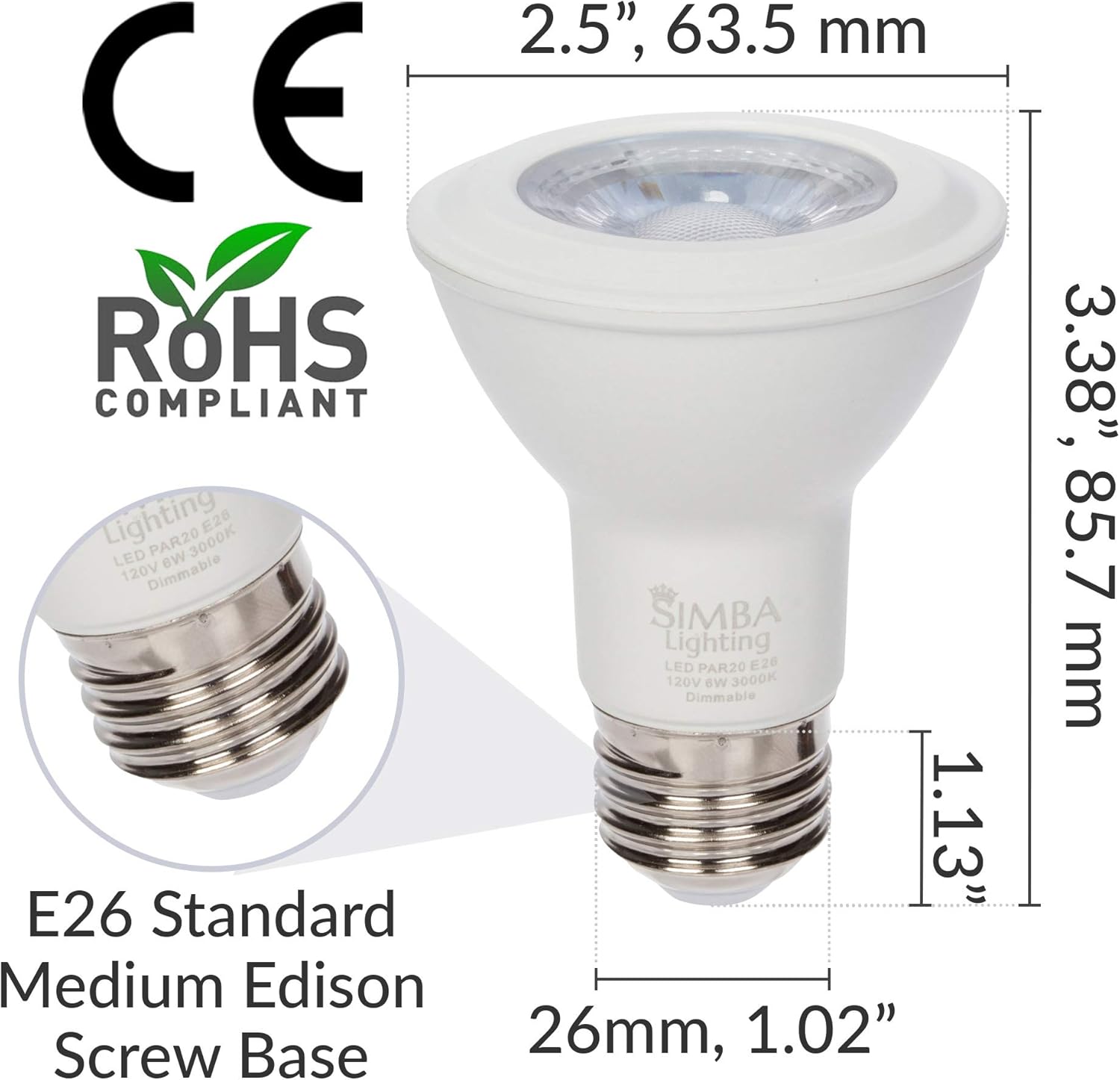 Simba Lighting LED PAR20 Light Bulb 6W 38deg Spotlight Dimmable (6-Pack) for Indoor Recessed Can, Range Hood and Outdoor PAR 20, 120V E26 Base, 40W to 50W Halogen Replacement, 3000K Soft White