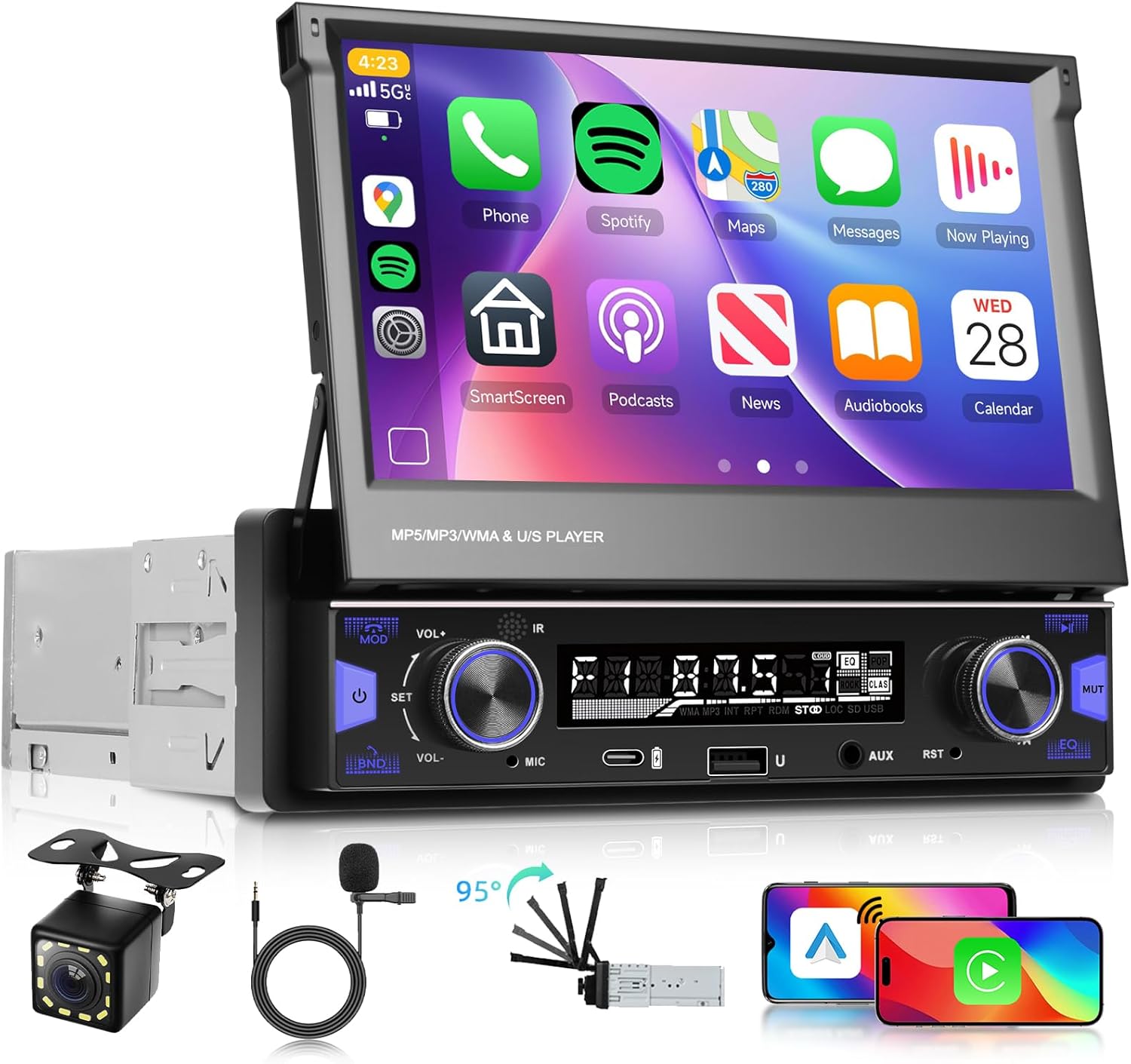 Single Din Car Radio with Wireless Carplay Android Auto,7 Inch Flip Out Touch Screen with Bluetooth FM/AM/RDS Radio, Car Stereo MirrorLink/USB/AUX/Type-c/Steering Wheel Control+Backup Camera