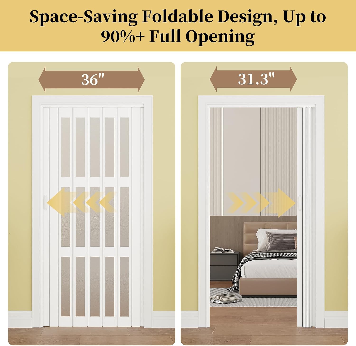 36" x 80" Enhanced Accordion Doors with 3 Frosted Acrylic Panels, Magnetic Accordion Closet Door Hardware Kit Included, PVC Folding Doors with 2 Handles for Closet Bathroom Doorways and Room Divider