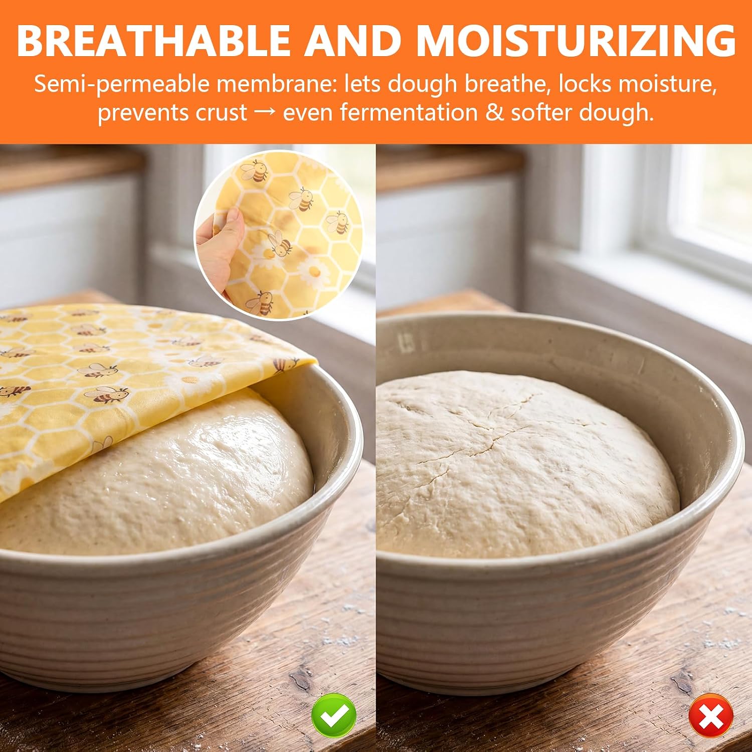 3 Pack Reusable Beeswax Elastic Bowl Covers for Bread Proofing, Cotton Cloth Flexible Beeswax Wraps Fits 6/10/13 Inch Bowls for Sourdough Fermenting & Dough Mixing