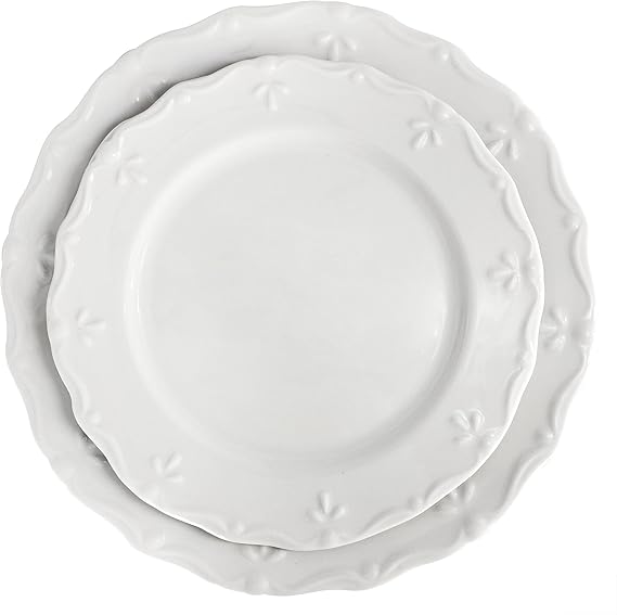 Elama Henryi 16 Piece Embossed Rim Detail Porcelain White Dinnerware Set, Tableware Set, Serveware (16 Piece)
