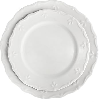 Elama Henryi 16 Piece Embossed Rim Detail Porcelain White Dinnerware Set, Tableware Set, Serveware (16 Piece)