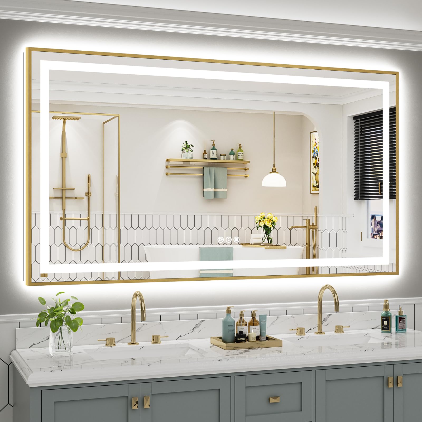 72x40 Inch LED Bathroom Mirror with Gold Frame, Backlit &amp; Front Lit