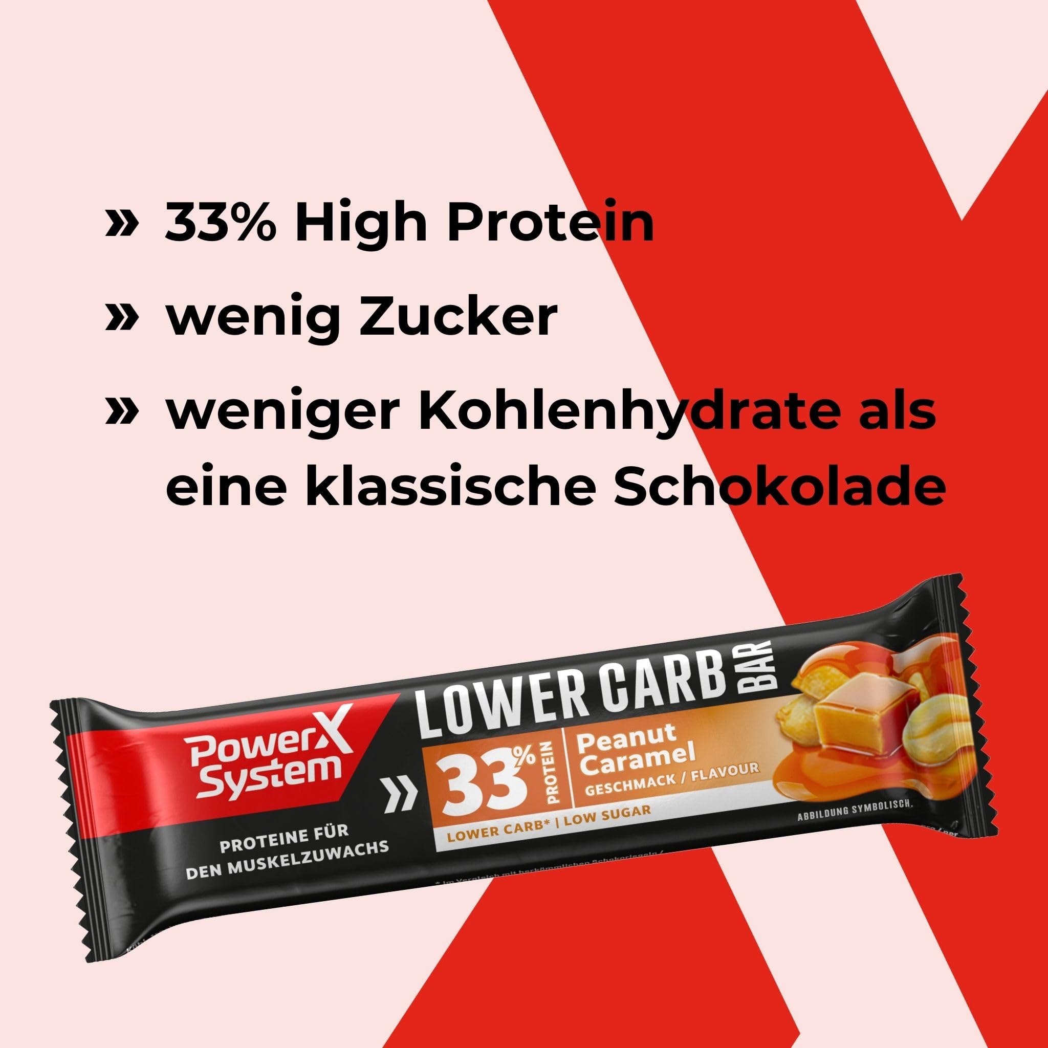 Power System Lower Carb Bar Peanut Caramel, 33% Protein, 18 x 45 g