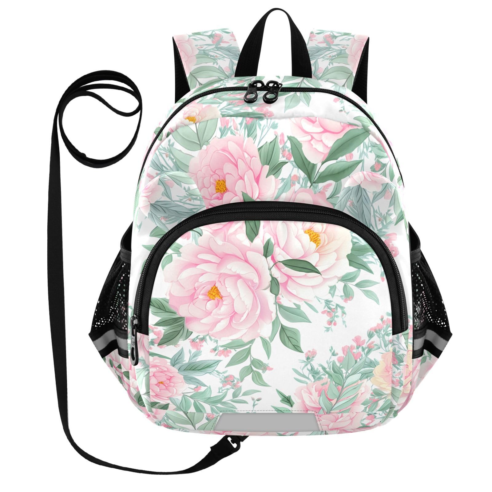 Peonies Leaves Floral White Toddler Harness Backpack for Boys Girls 3-6 Years Kids Backpack with Anti Lost Safety Leash Baby Harness Bookbag for Preschool Travel Walking