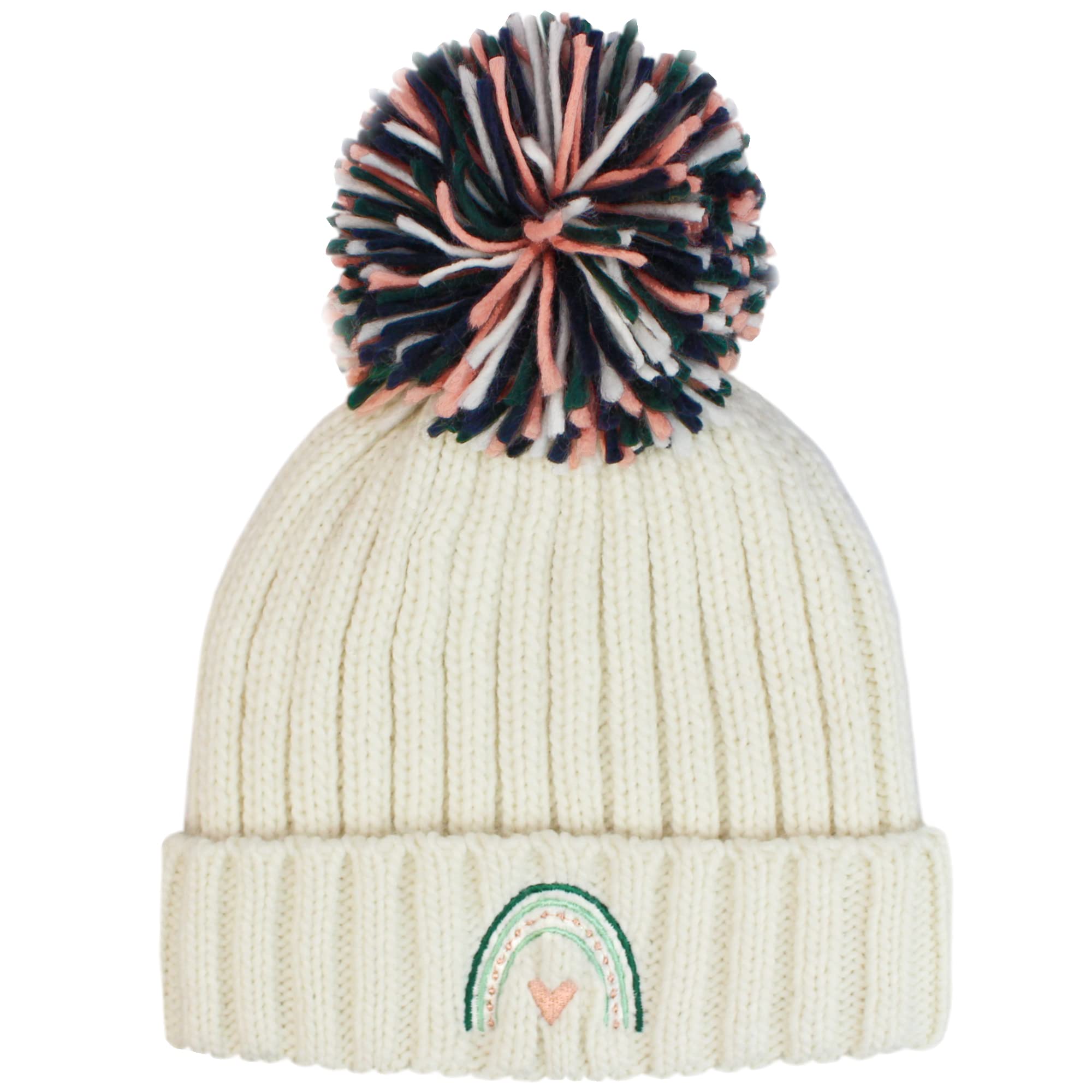 Teddyts Women's Cream Scandi Style Rainbow Fleece Lined Chunky Cable Knit Bobble Hat