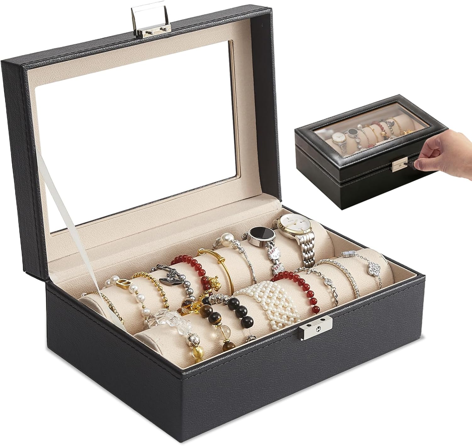 Bracelet Display Holder for Bangles Watches, Bangle Box with Clear Lid Jewelry Organizers Storage Case, Bracelet Holder for Women Girls (Black-2 Rods)