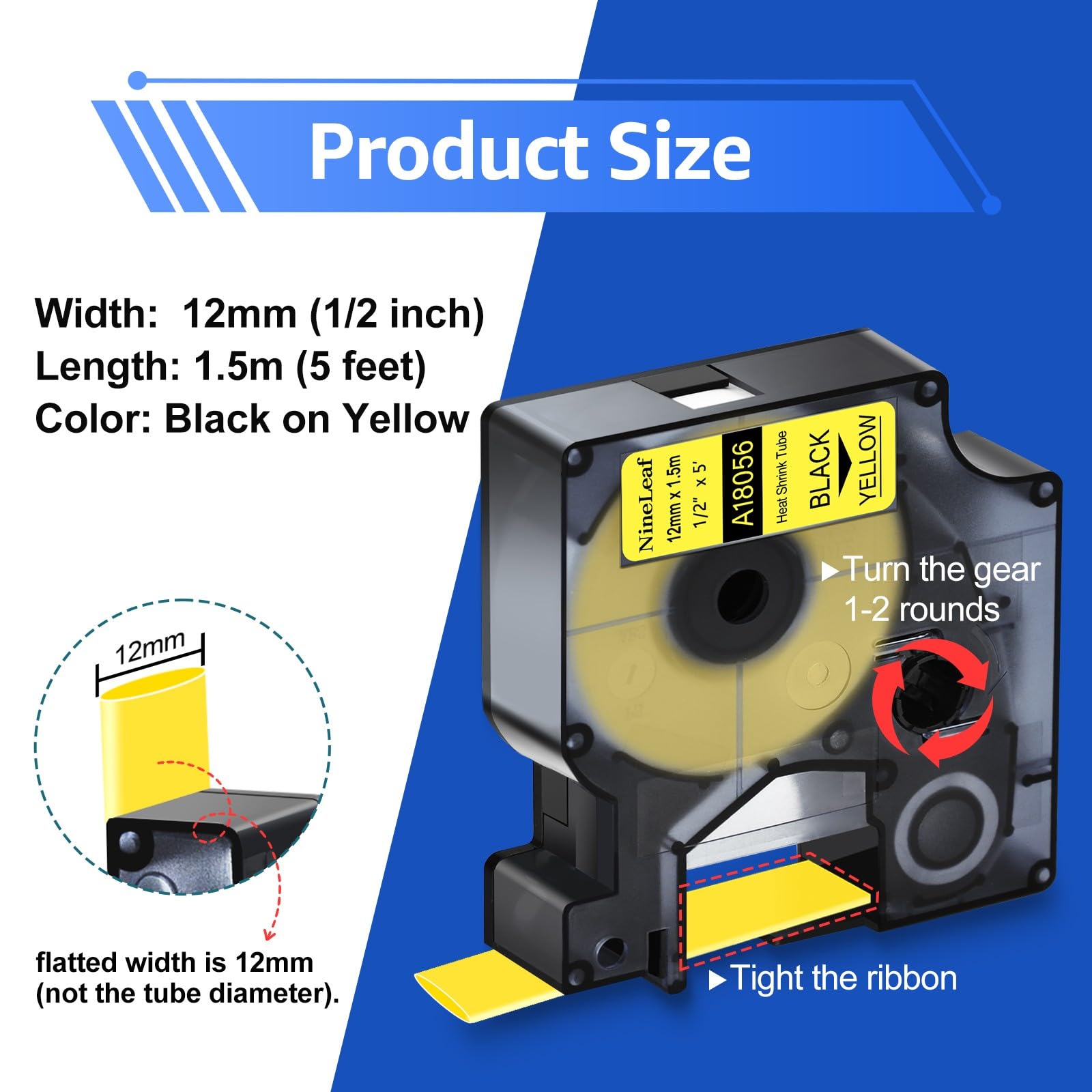 NineLeaf kompatibel für Dymo Rhino Industrie Schrumpfschlauch-Kabeletiketten 18056 S0718310 12mm x 1.5m Bänder Schwarz auf Gelb für Rhino 3000 4200 5000 5200 6000 3M PL150 Beschriftungsgerät, 30PK