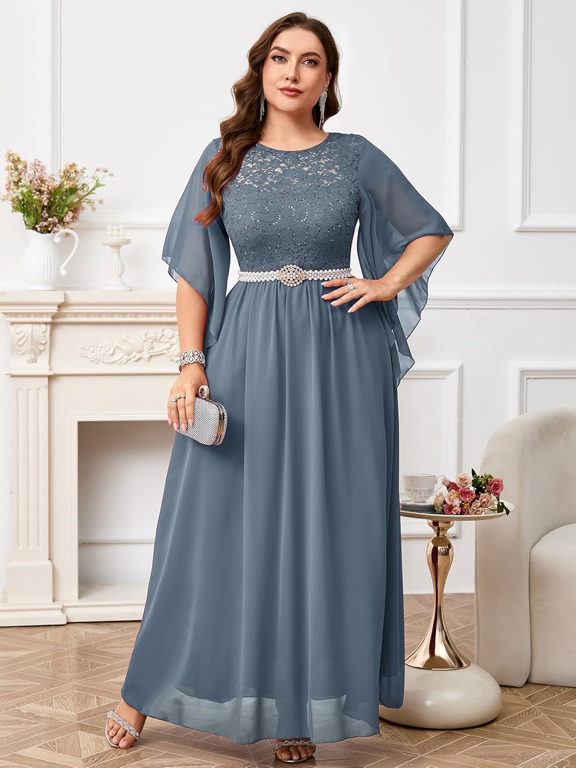 ZOMVA Plus Size 0X-4X Formal Dress Sequin Lace Chiffon A-line Maxi Dress Handkerchief Sleeve Evening Wedding Guest Prom Gown - Image 4