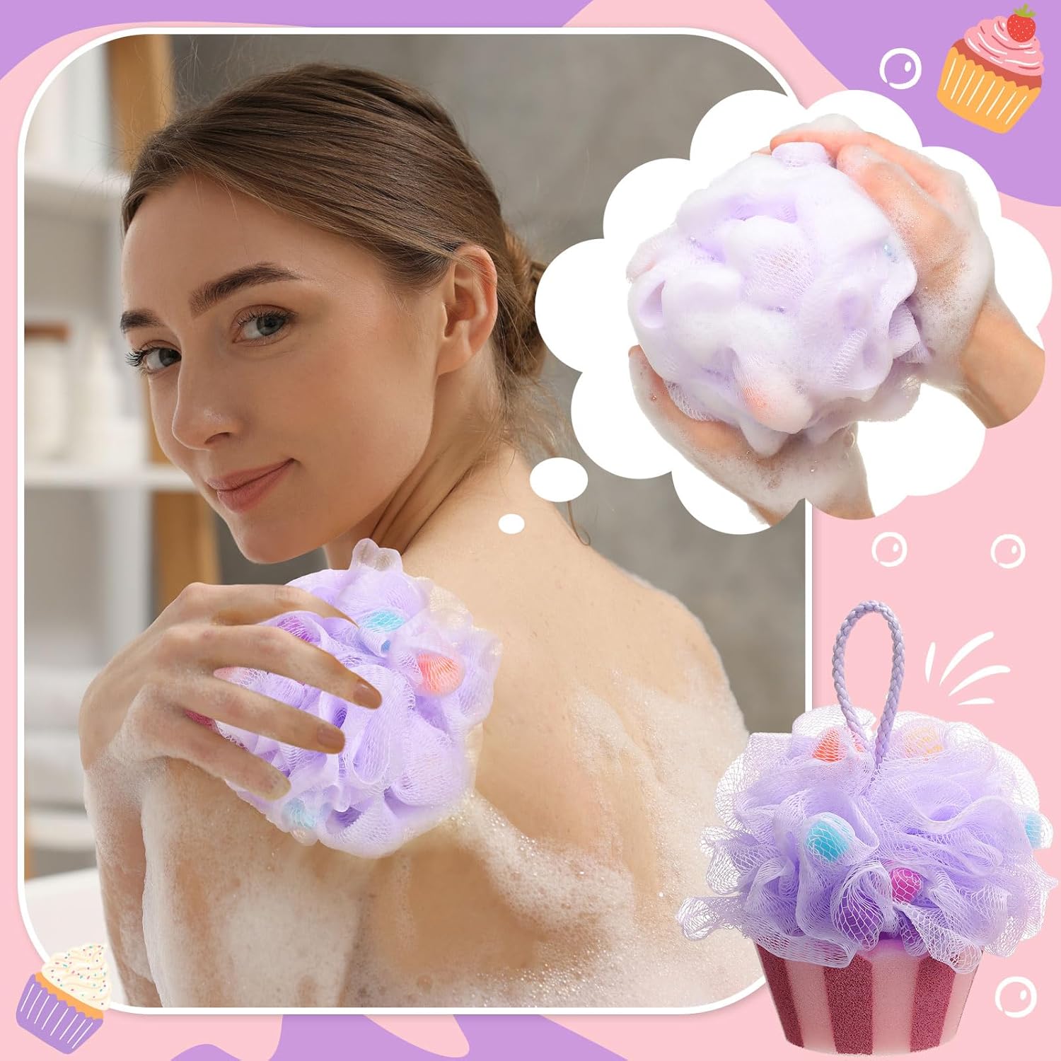 4 Pcs Cupcake Bath Loofah Sponge Cartoon Body Scrubber Loofah Soft Mesh Exfoliating Bath Scrubber Shower Ball for Shower Sponge Gifts Exchange Birthday Party - Image 4
