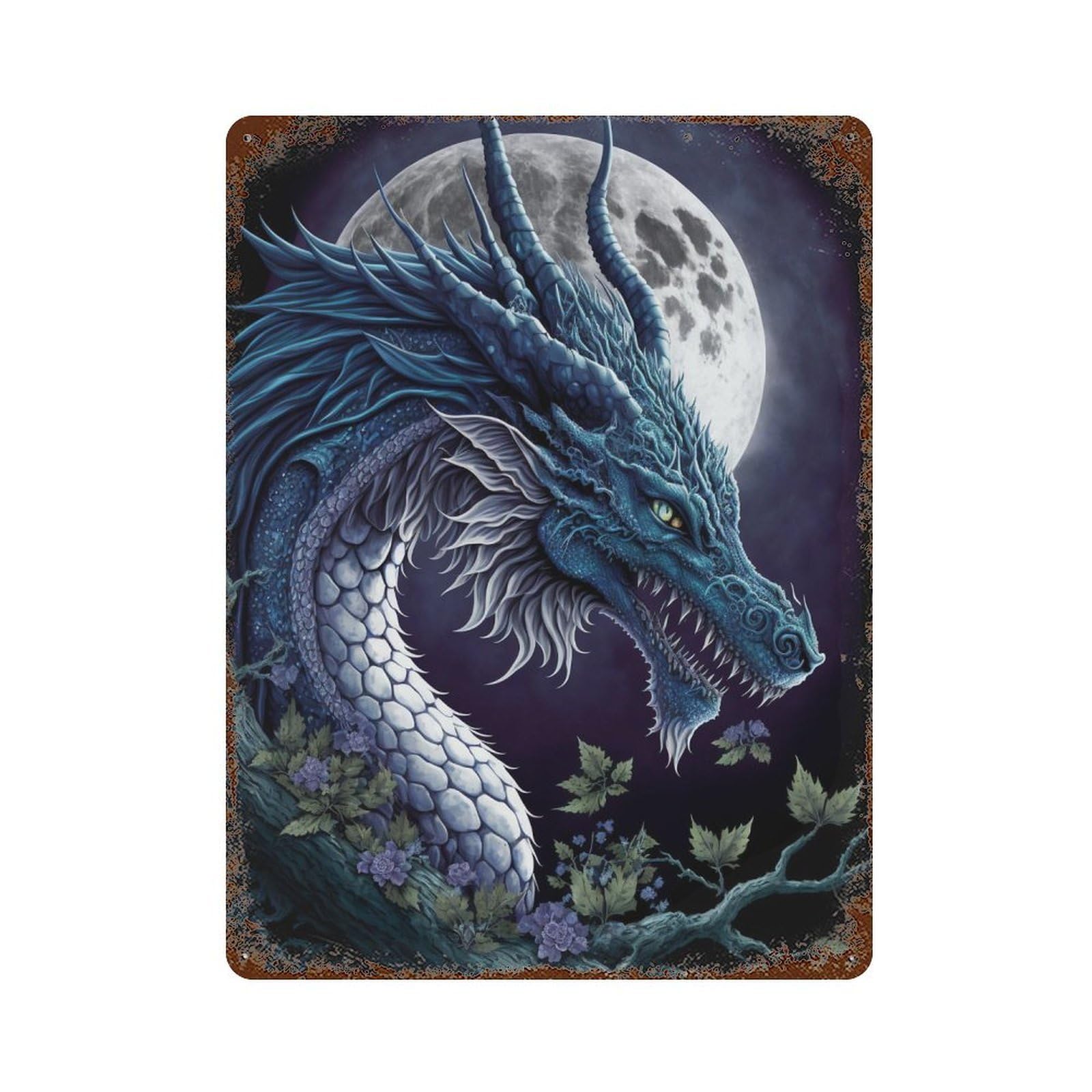Blue Dragon Fantasy Art Print Rust Effect Tin Sign 15.7"x11.8", for Farmhouse, Kitchen And Entryway Decor, Decorative Metal Wall Art